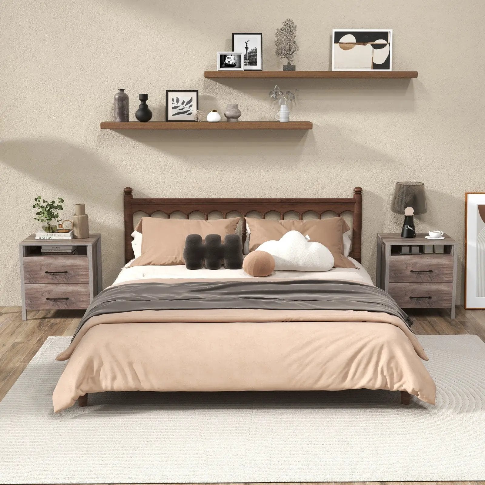 Nightstand with 2 Drawers Farmhouse Bed Side Table with Open Storage Shelf-Grey by DirectDeals