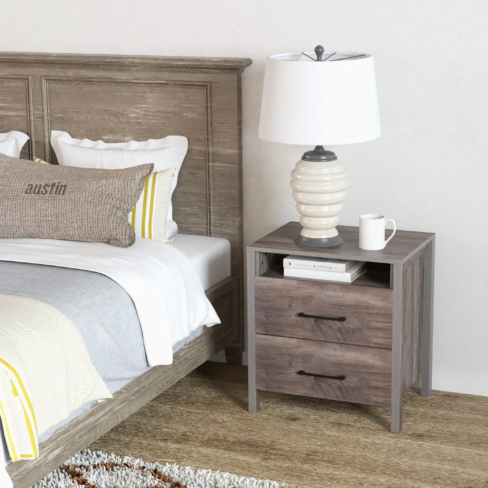 Nightstand with 2 Drawers Farmhouse Bed Side Table with Open Storage Shelf-Grey by DirectDeals