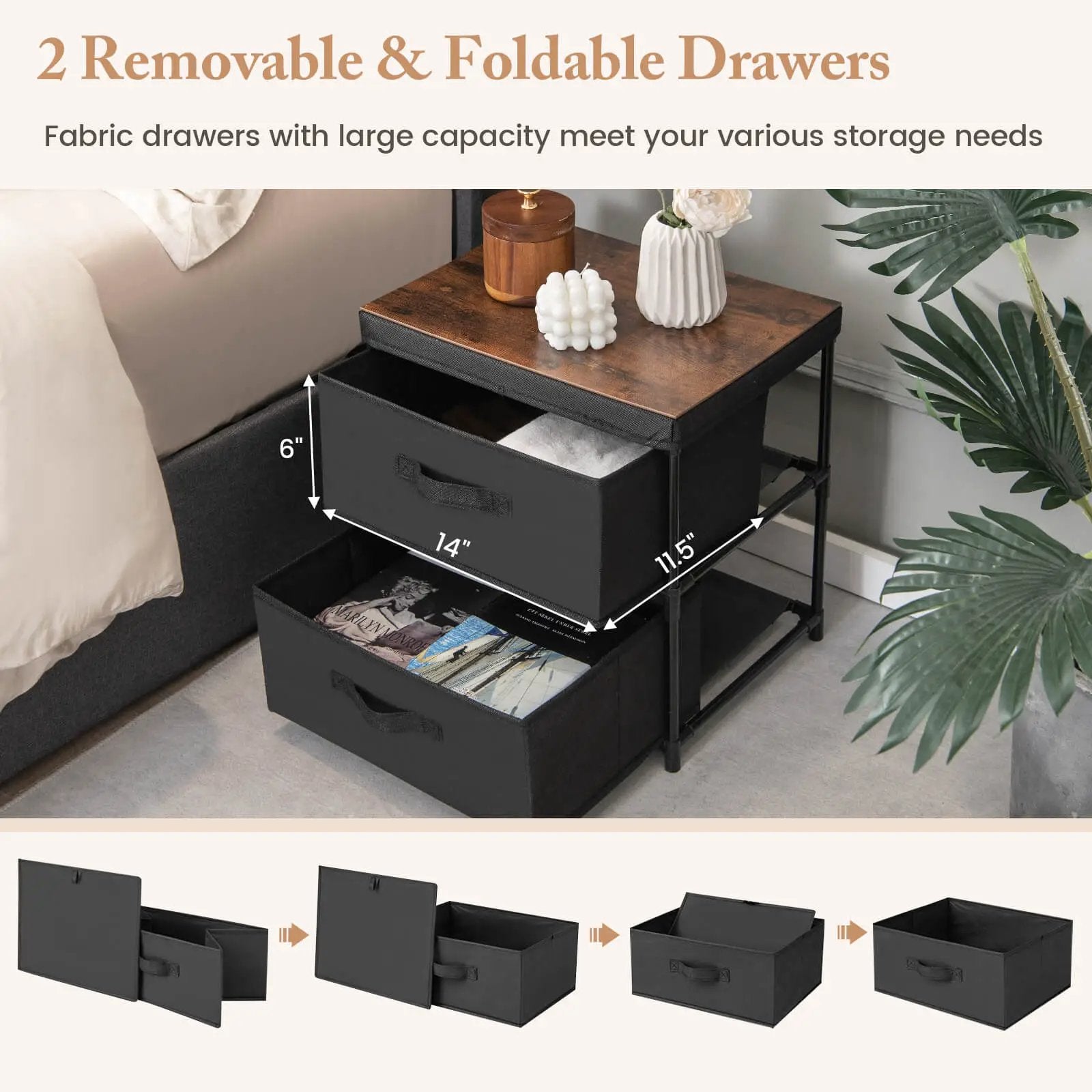 2-Drawer Nightstand with Removable Fabric Bins and Pull Handles by DirectDeals