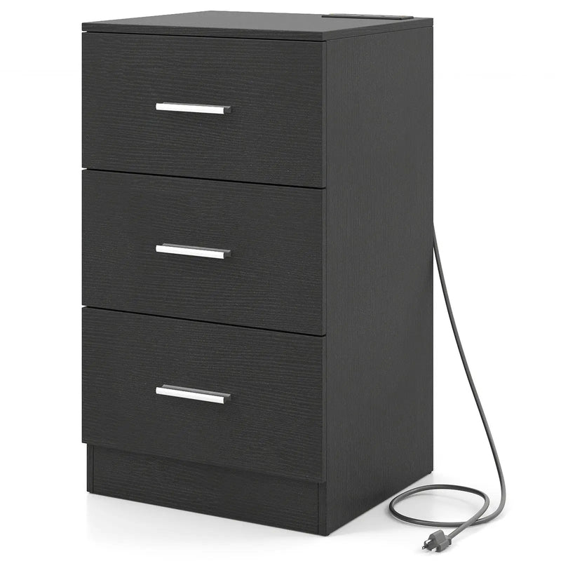 Nightstand with Charging Station End Table with 3 Storage Drawers Bedside Table for Bedroom by DirectDeals