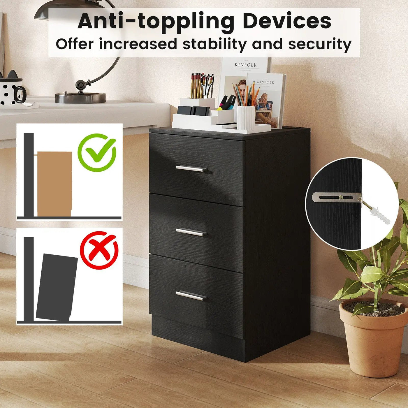 Nightstand with Charging Station End Table with 3 Storage Drawers Bedside Table for Bedroom by DirectDeals