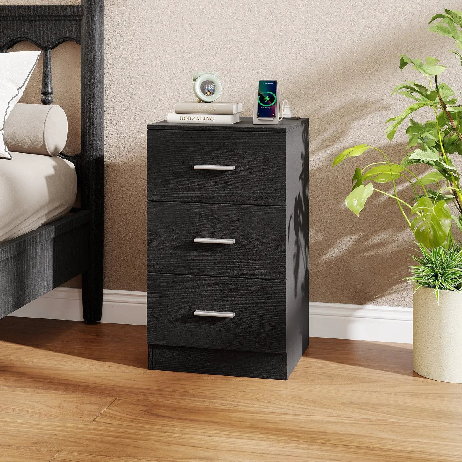 Nightstand with Charging Station End Table with 3 Storage Drawers Bedside Table for Bedroom by DirectDeals