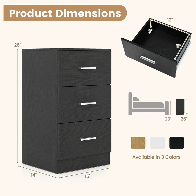Nightstand with Charging Station End Table with 3 Storage Drawers Bedside Table for Bedroom by DirectDeals