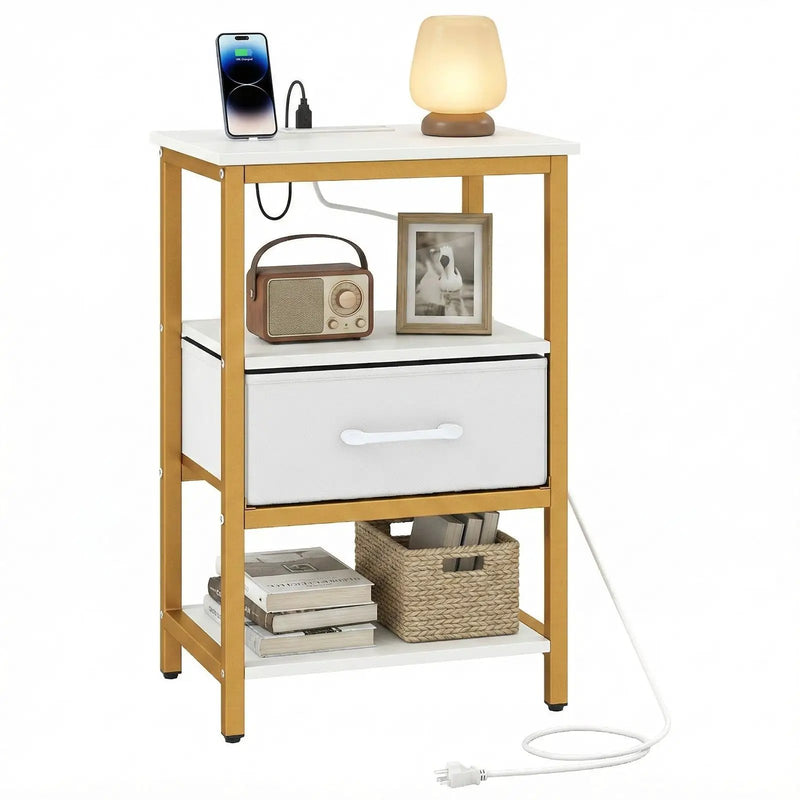 Nightstand with Charging Station and Adjustable Fabric Drawer for Bedroom and Living Room by DirectDeals