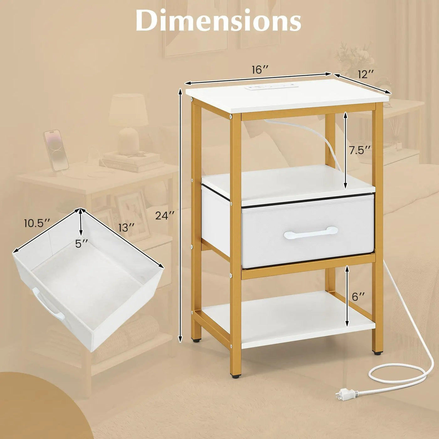 Nightstand with Charging Station and Adjustable Fabric Drawer for Bedroom and Living Room by DirectDeals