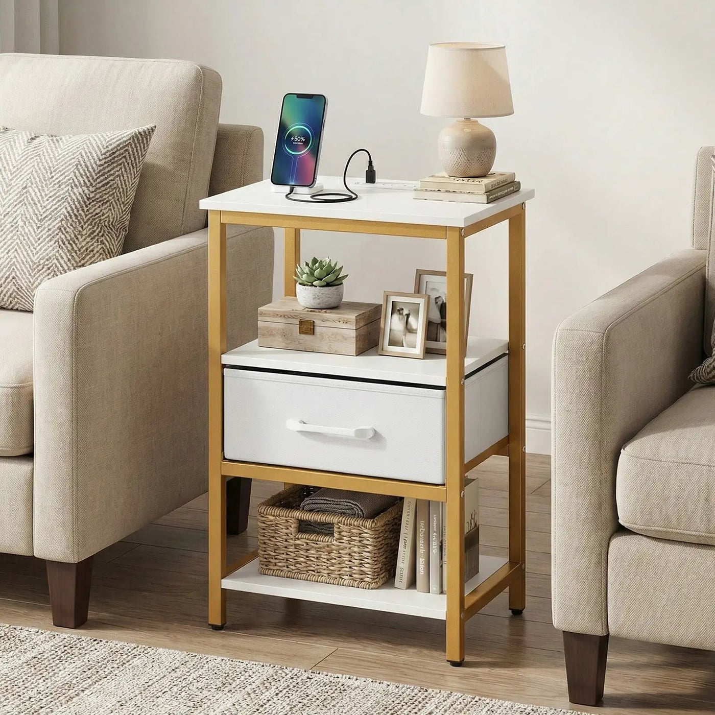 Nightstand with Charging Station and Adjustable Fabric Drawer for Bedroom and Living Room by DirectDeals