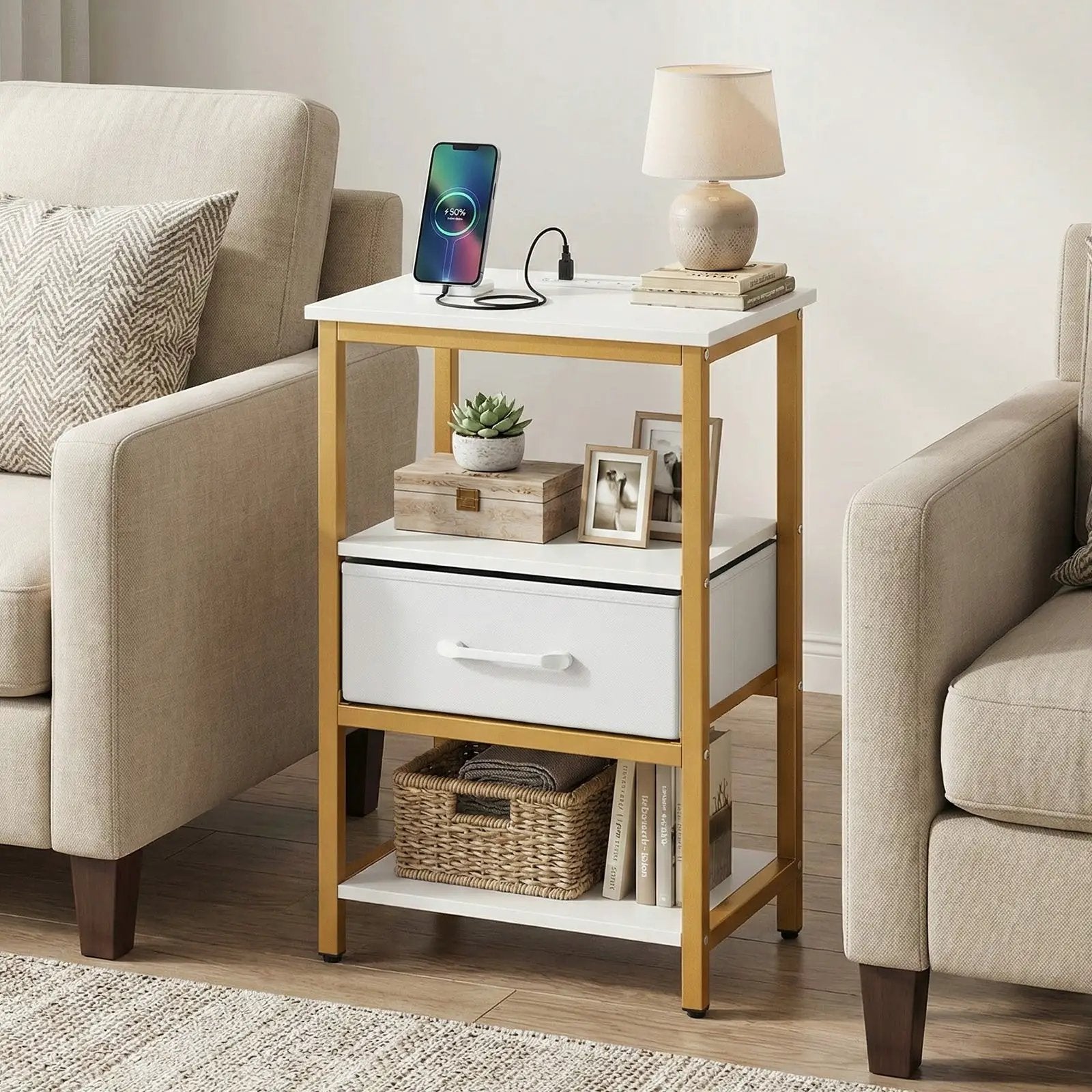 Nightstand with Charging Station and Adjustable Fabric Drawer for Bedroom and Living Room by DirectDeals