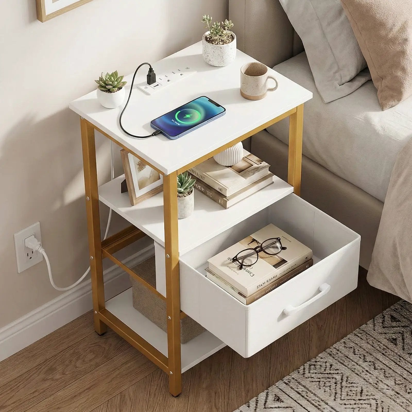 Nightstand with Charging Station and Adjustable Fabric Drawer for Bedroom and Living Room by DirectDeals
