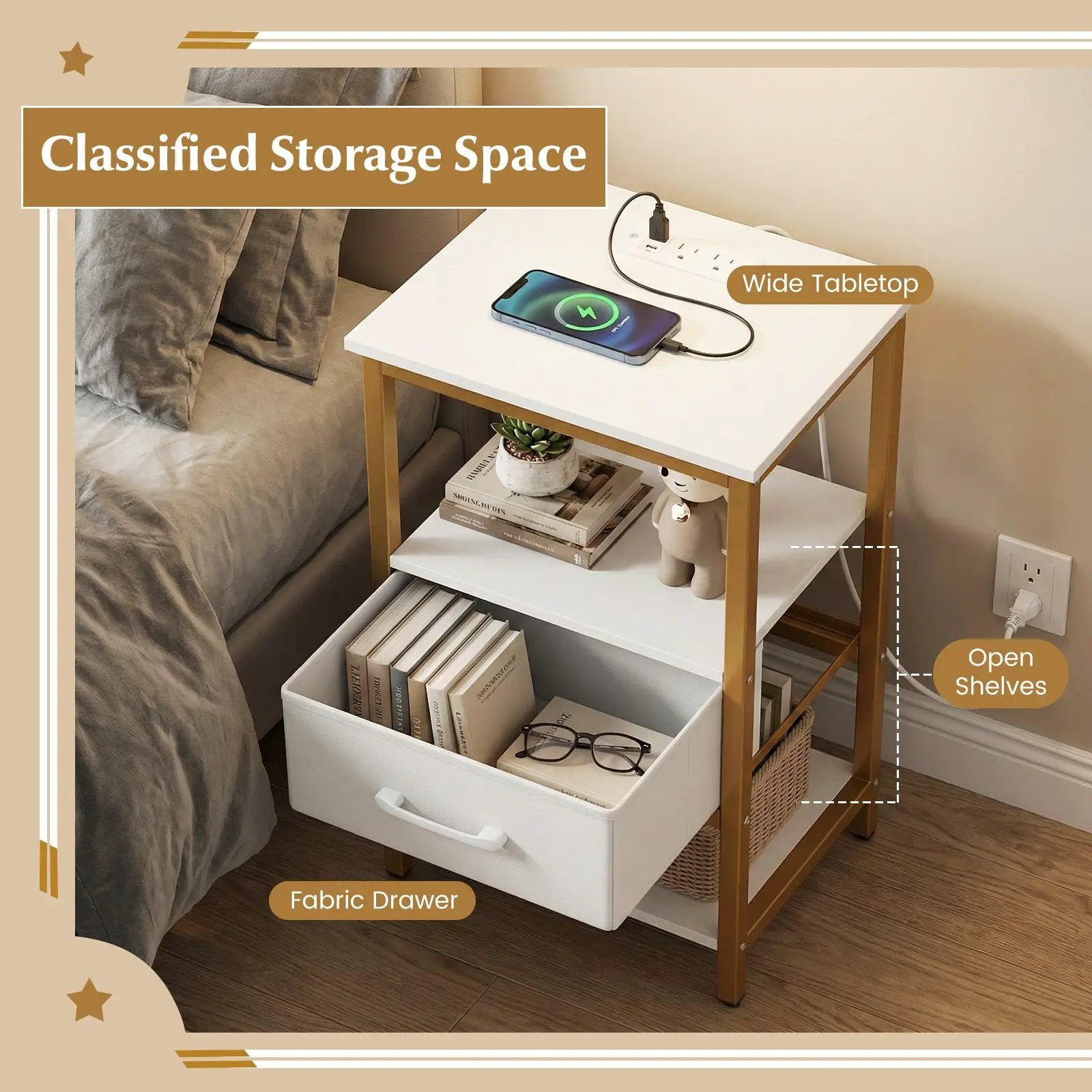 Nightstand with Charging Station and Adjustable Fabric Drawer for Bedroom and Living Room by DirectDeals