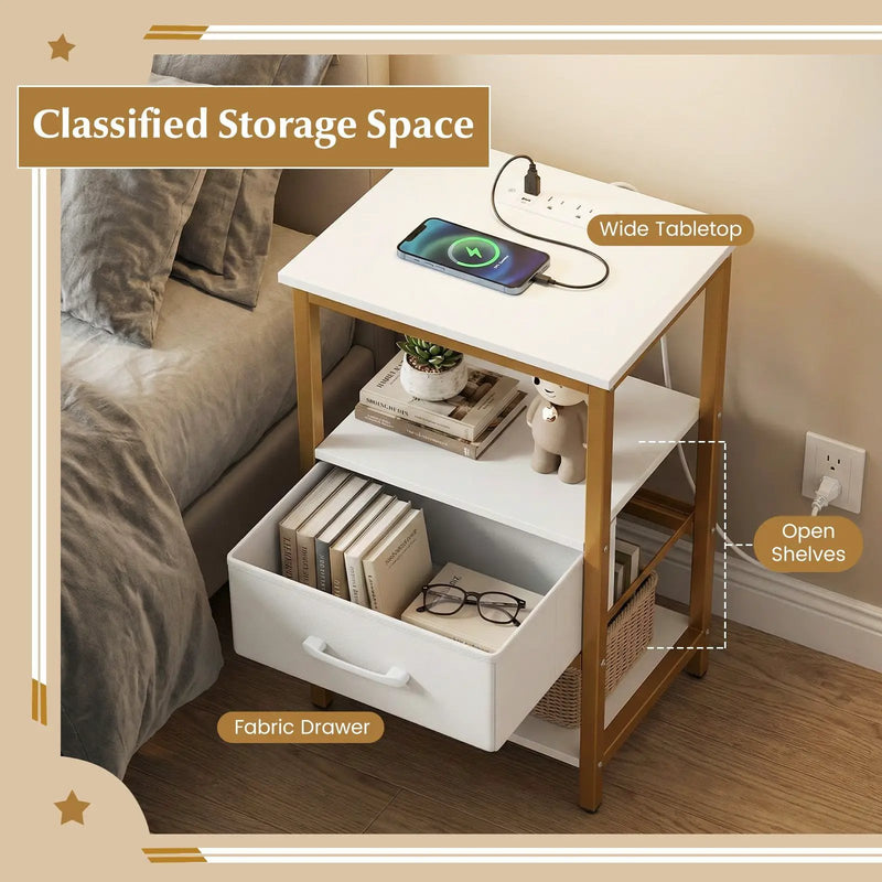 Nightstand with Charging Station and Adjustable Fabric Drawer for Bedroom and Living Room by DirectDeals