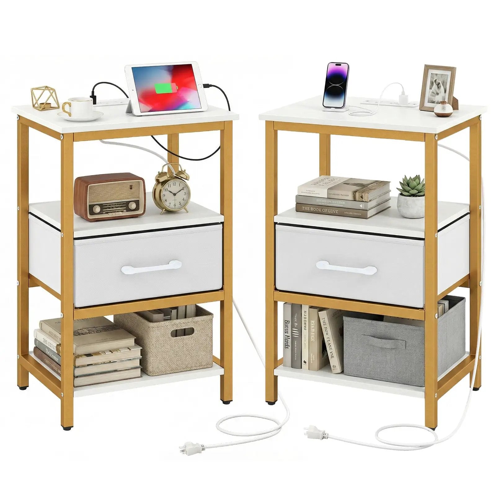 Nightstand with Charging Station and Adjustable Fabric Drawer for Bedroom and Living Room by DirectDeals