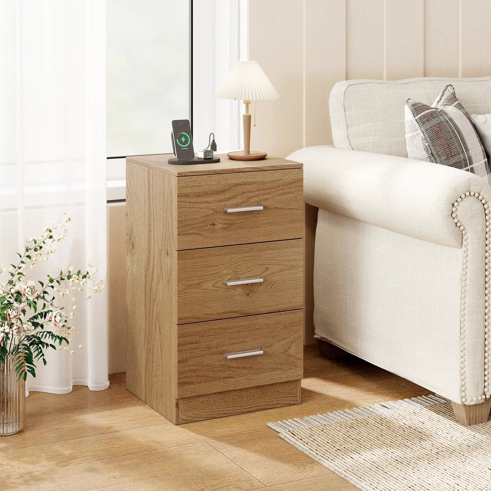 Nightstand with Charging Station End Table with 3 Storage Drawers Bedside Table for Bedroom by DirectDeals