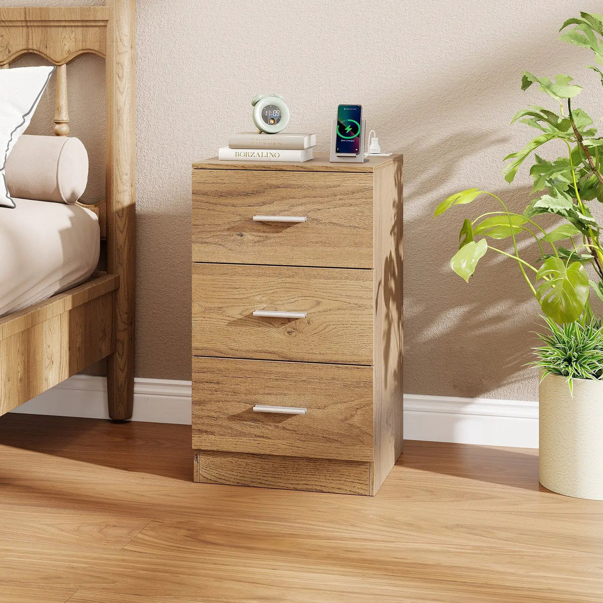 Nightstand with Charging Station End Table with 3 Storage Drawers Bedside Table for Bedroom by DirectDeals