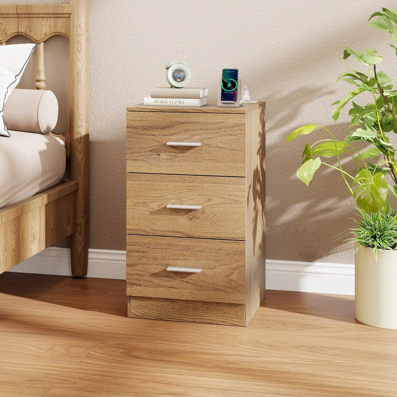 Nightstand with Charging Station End Table with 3 Storage Drawers Bedside Table for Bedroom by DirectDeals