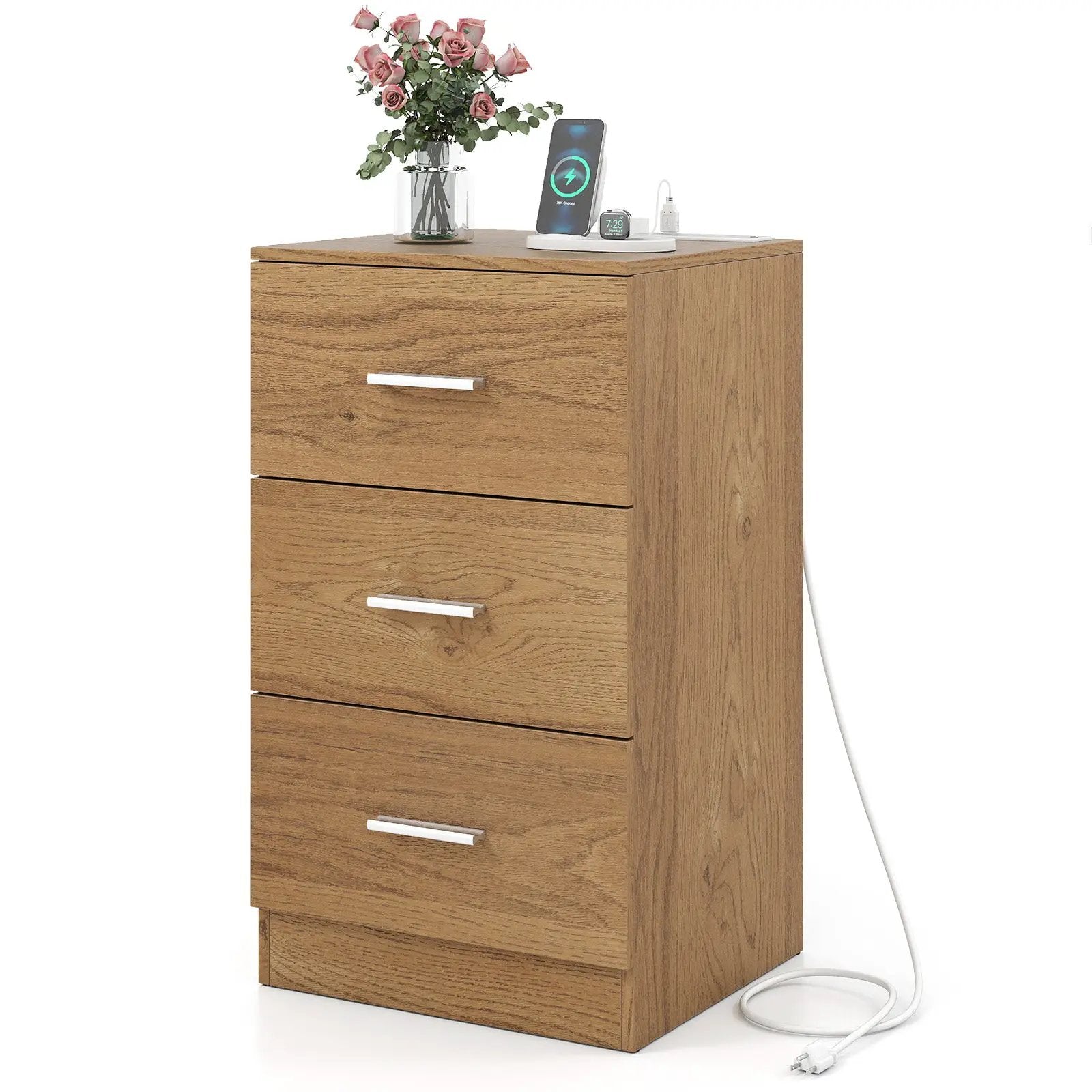 Nightstand with Charging Station End Table with 3 Storage Drawers Bedside Table for Bedroom by DirectDeals