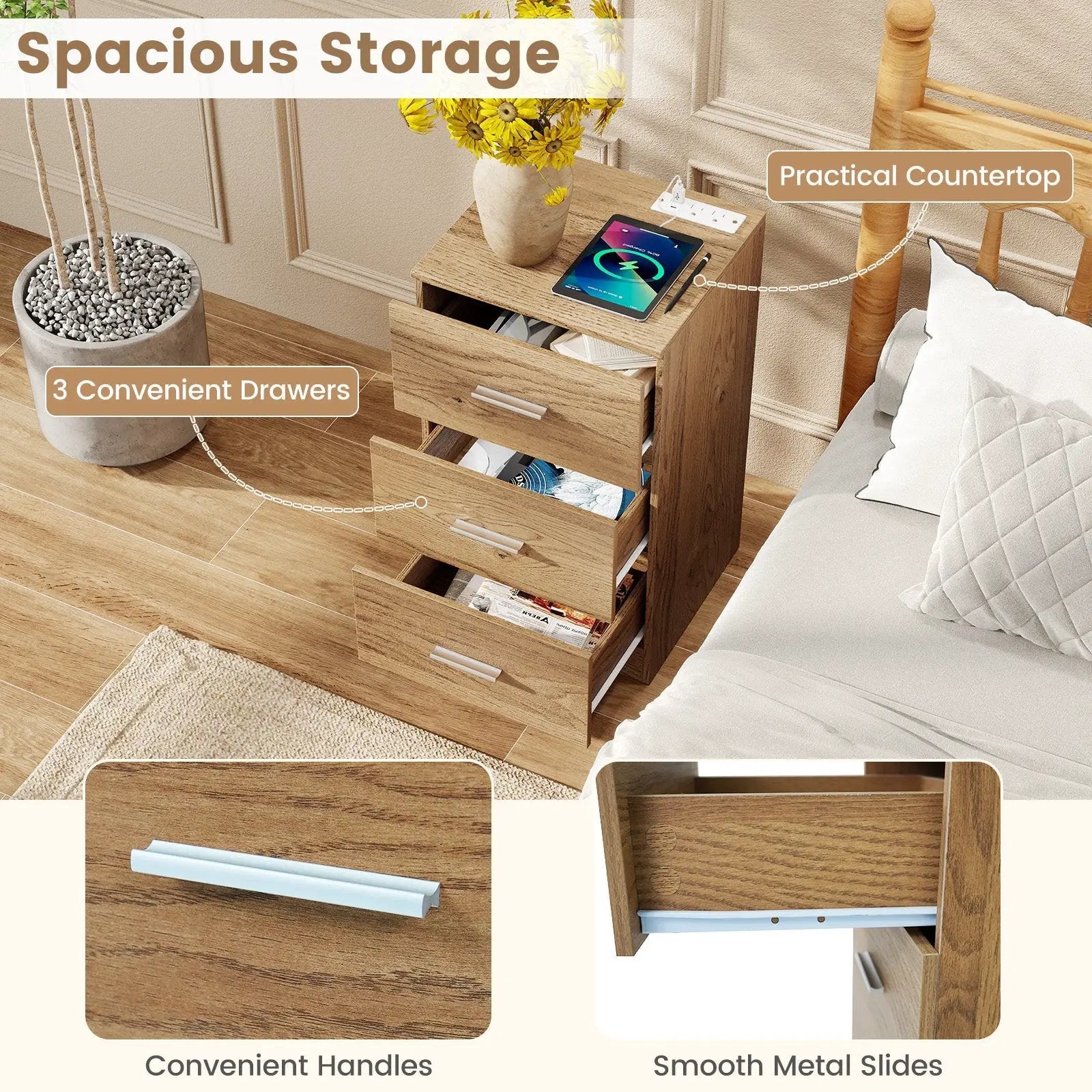 Nightstand with Charging Station End Table with 3 Storage Drawers Bedside Table for Bedroom by DirectDeals