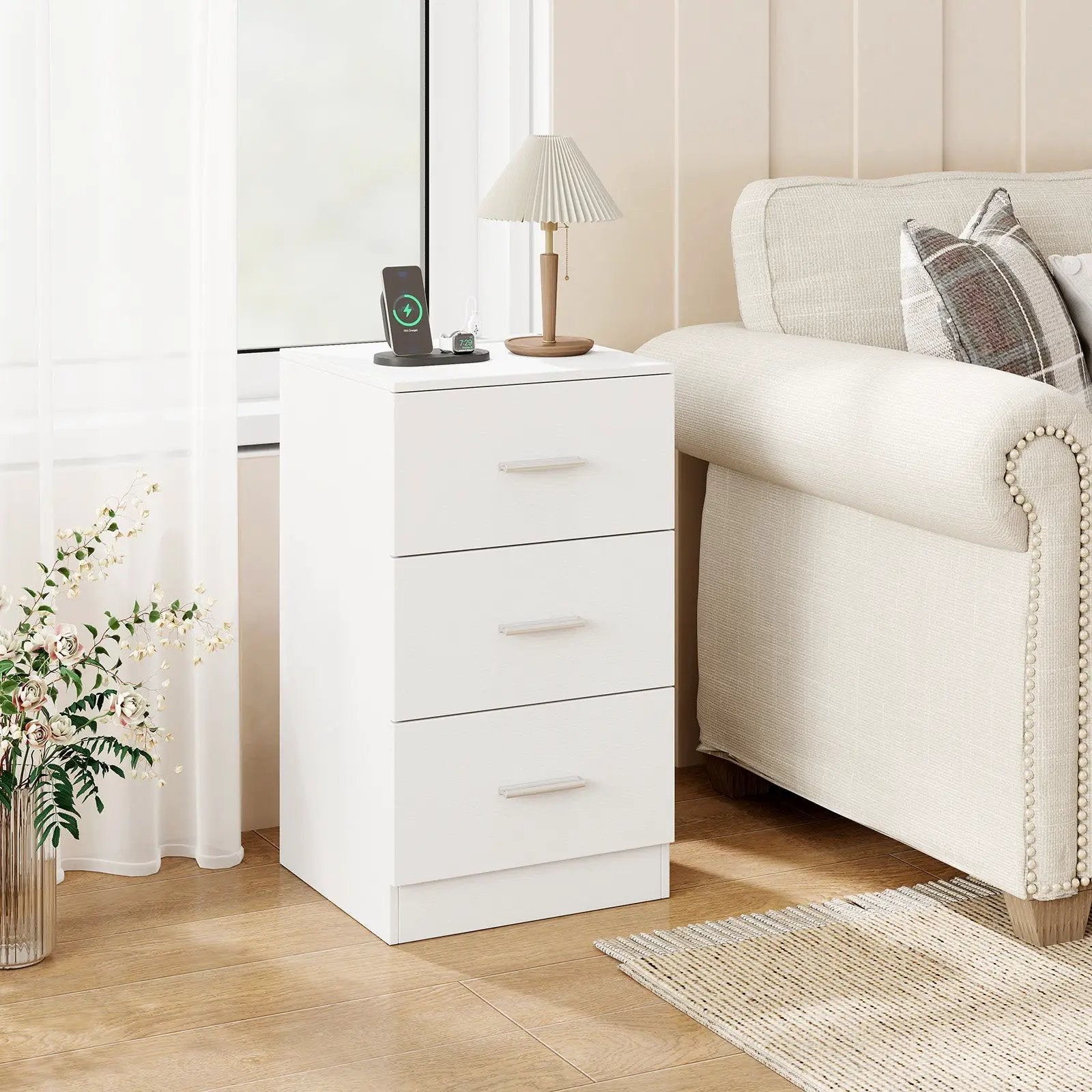 Nightstand with Charging Station End Table with 3 Storage Drawers Bedside Table for Bedroom by DirectDeals