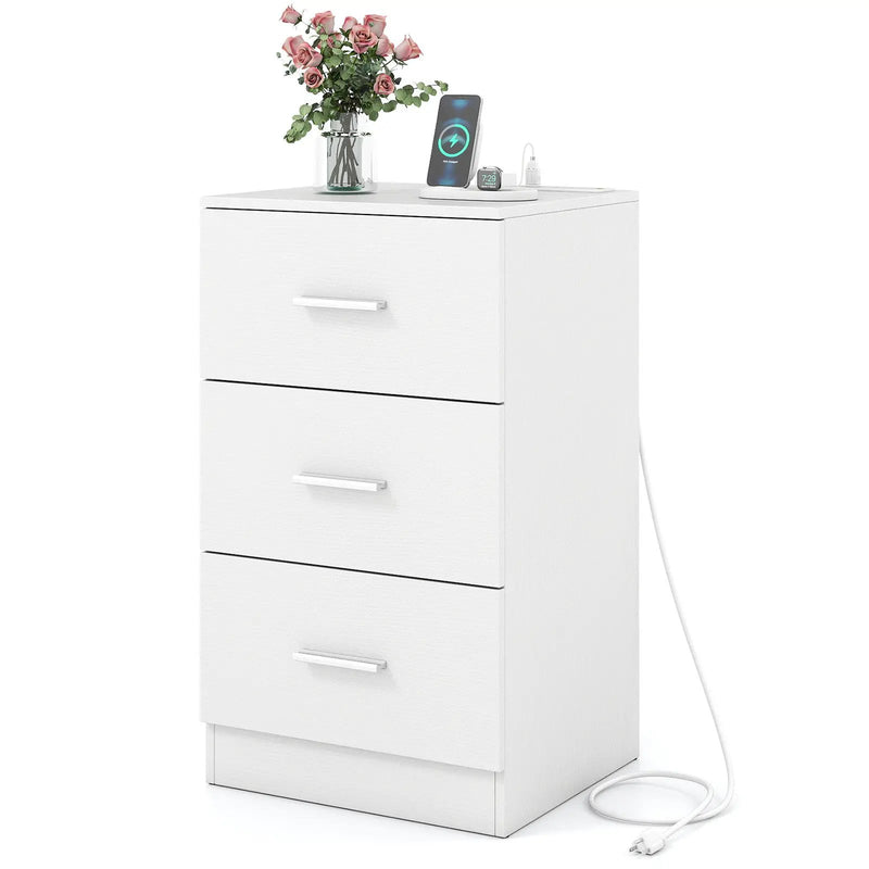 Nightstand with Charging Station End Table with 3 Storage Drawers Bedside Table for Bedroom by DirectDeals