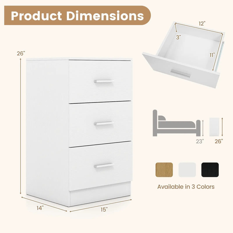 Nightstand with Charging Station End Table with 3 Storage Drawers Bedside Table for Bedroom by DirectDeals