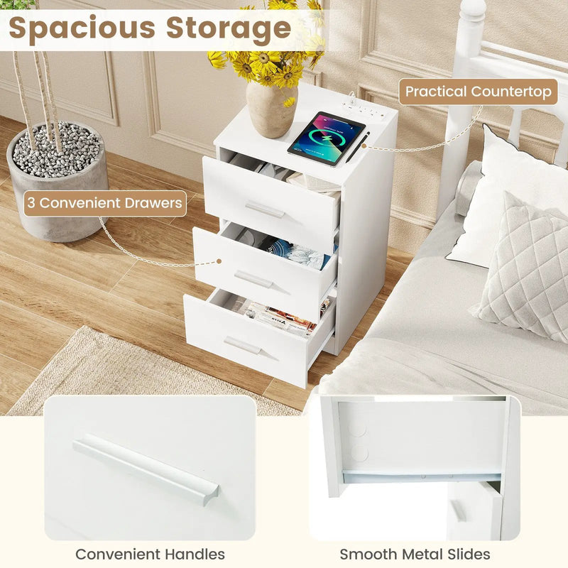 Nightstand with Charging Station End Table with 3 Storage Drawers Bedside Table for Bedroom by DirectDeals