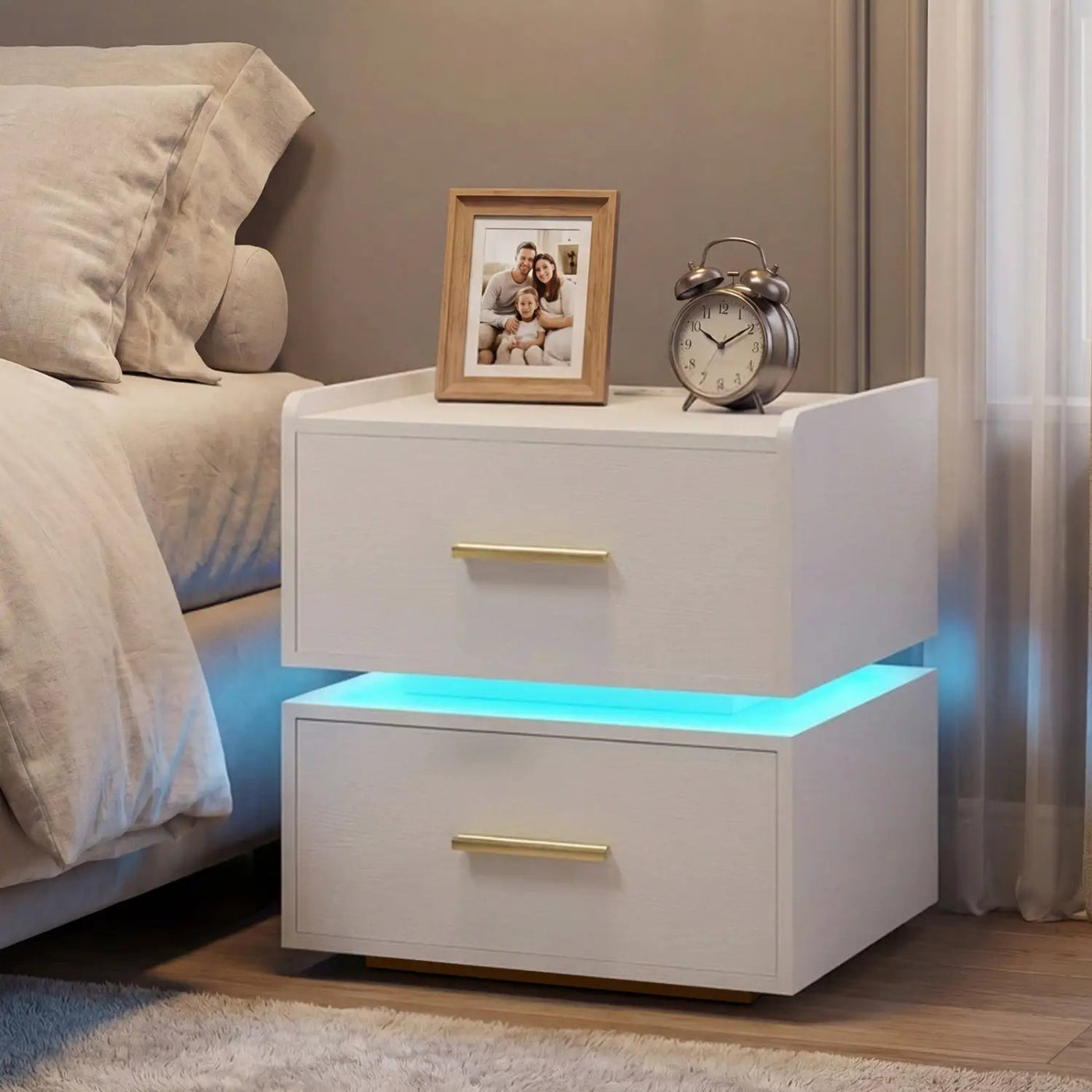 Nightstand with Charging Station LED Bedside Table with 2 Storage Drawers by DirectDeals