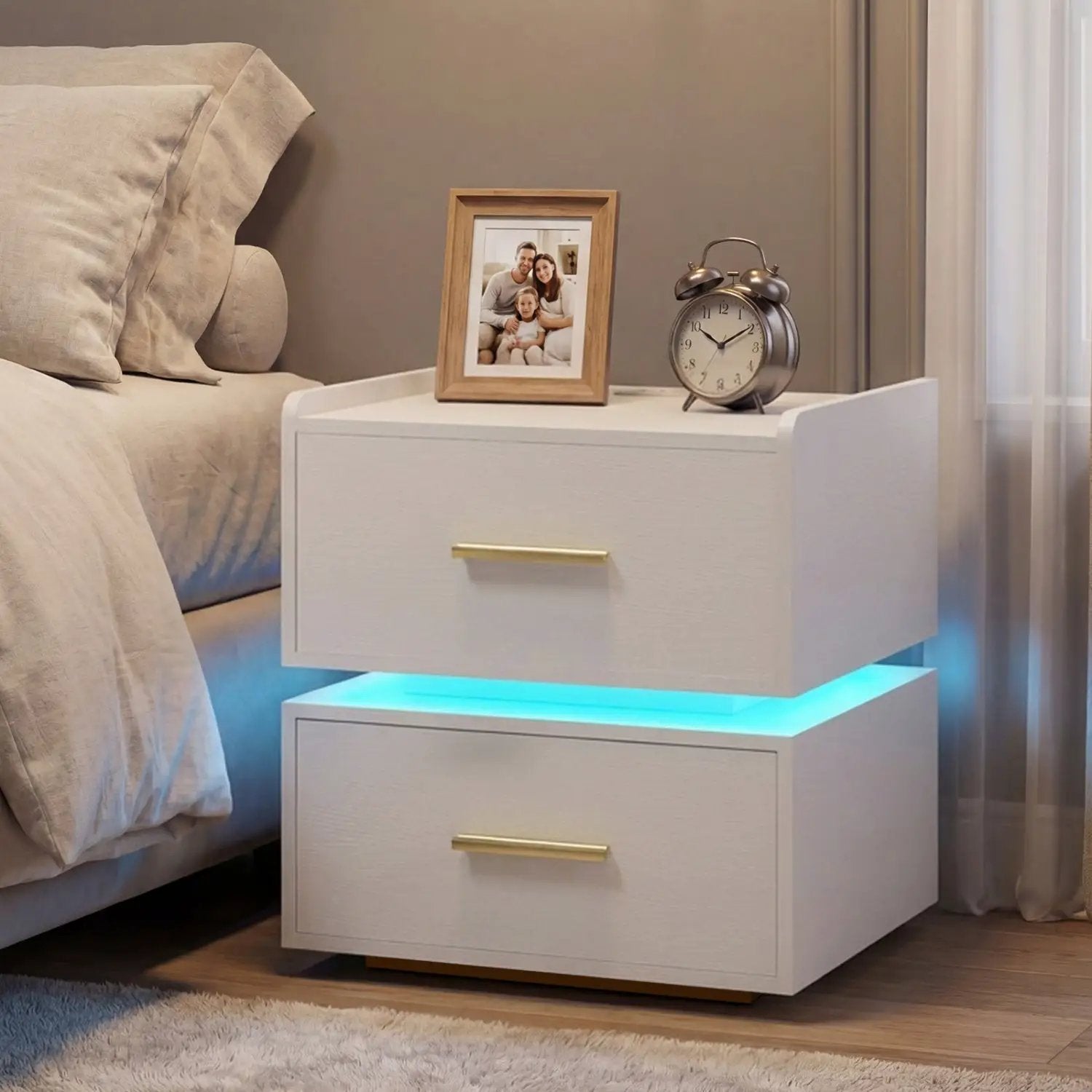 Nightstand with Charging Station LED Bedside Table with 2 Storage Drawers by DirectDeals