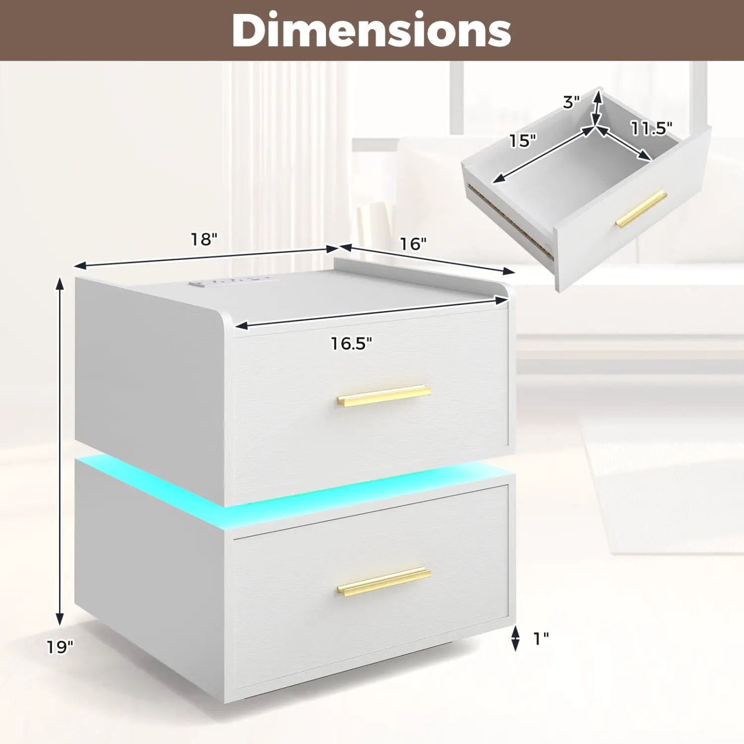 Nightstand with Charging Station LED Bedside Table with 2 Storage Drawers by DirectDeals