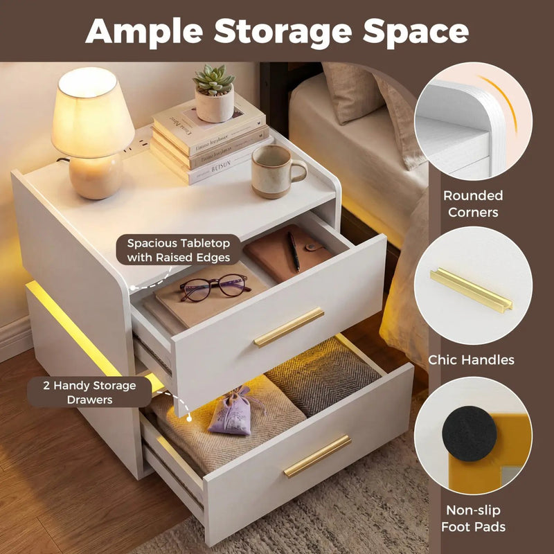 Nightstand with Charging Station LED Bedside Table with 2 Storage Drawers by DirectDeals