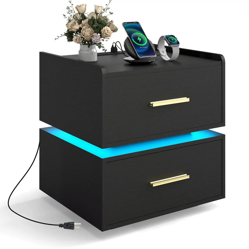 Nightstand with Charging Station LED Bedside Table with 2 Storage Drawers by DirectDeals