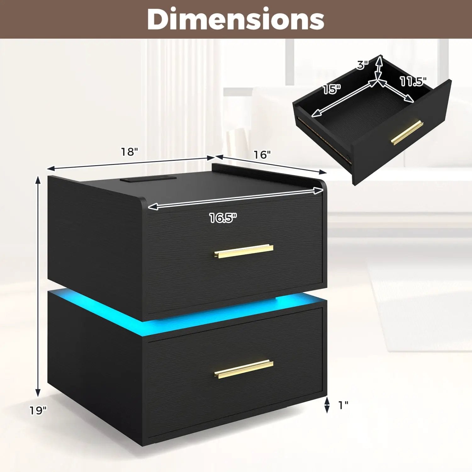 Nightstand with Charging Station LED Bedside Table with 2 Storage Drawers by DirectDeals