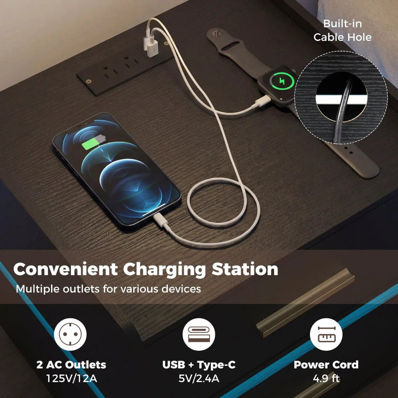 Nightstand with Charging Station LED Bedside Table with 2 Storage Drawers by DirectDeals