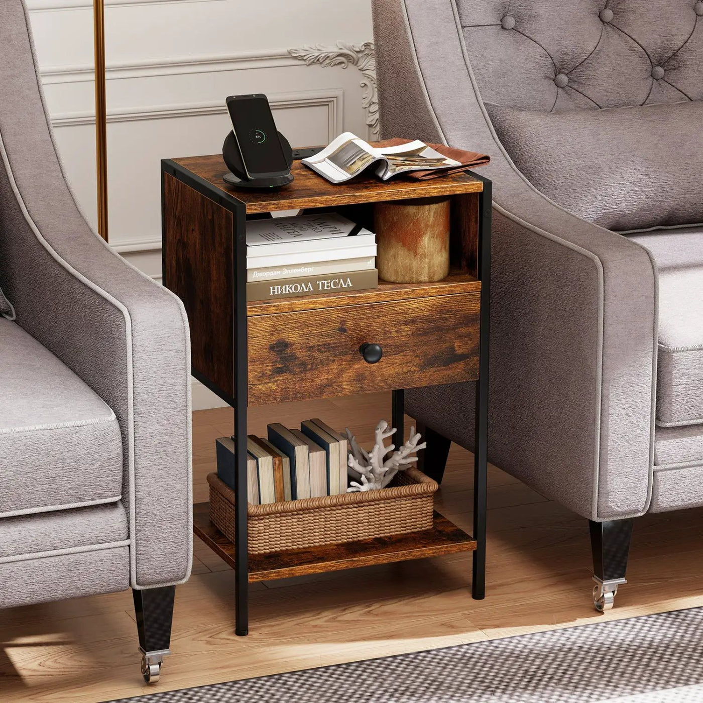 Nightstand with Charging Station Bedside Table with USB Ports and Outlets by DirectDeals