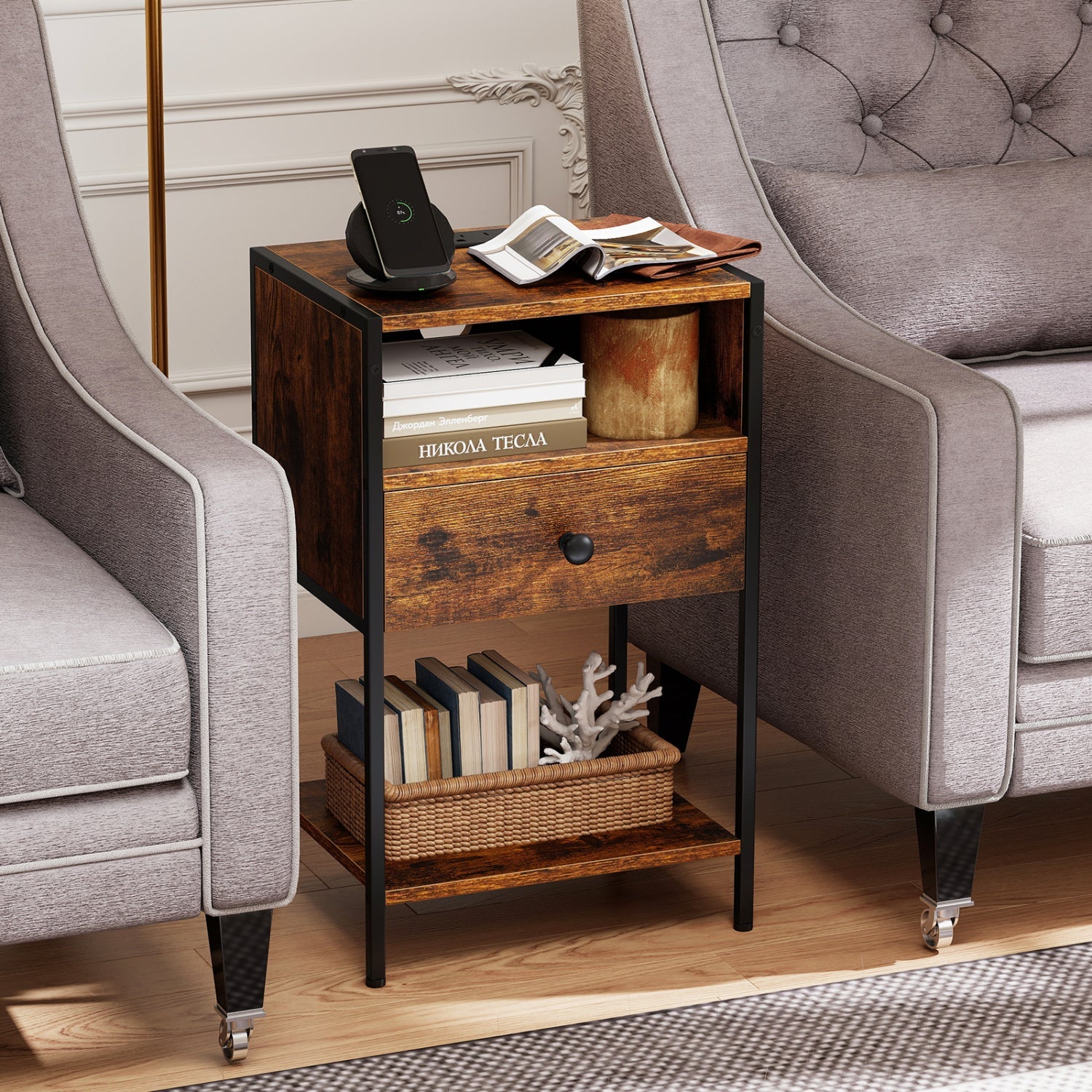 Nightstand with Charging Station Bedside Table with USB Ports and Outlets by DirectDeals