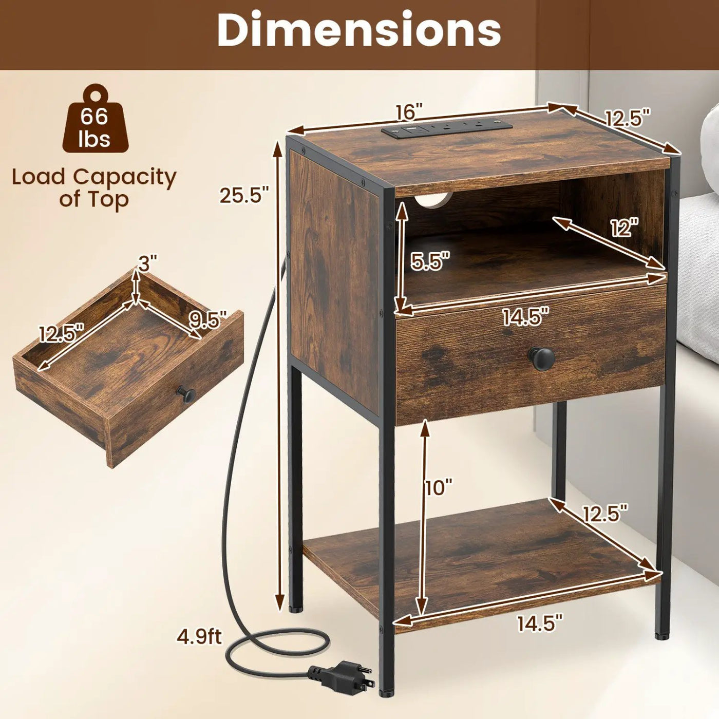 Nightstand with Charging Station Bedside Table with USB Ports and Outlets by DirectDeals