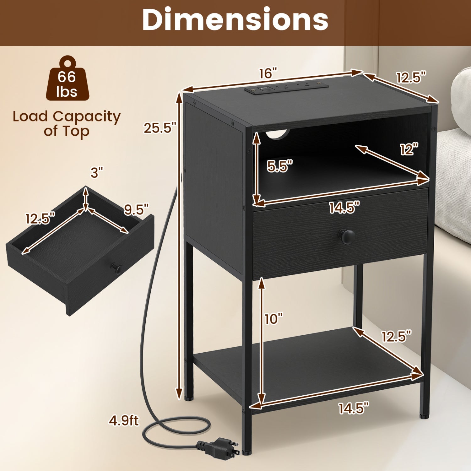 Nightstand with Charging Station Bedside Table with USB Ports and Outlets by DirectDeals