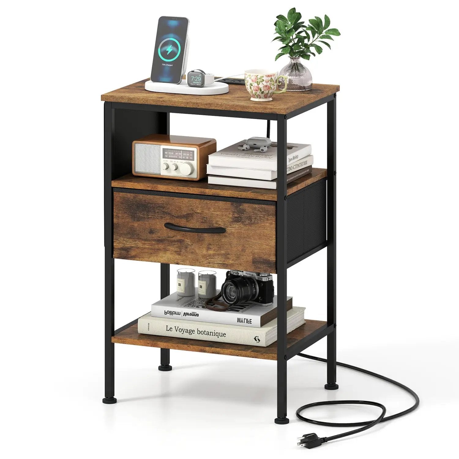 Nightstand with Charging Station 24.5 inch Modern Bedside Table with Fabric Drawer by DirectDeals