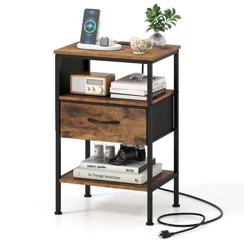 Nightstand with Charging Station 24.5 inch Modern Bedside Table with Fabric Drawer by DirectDeals