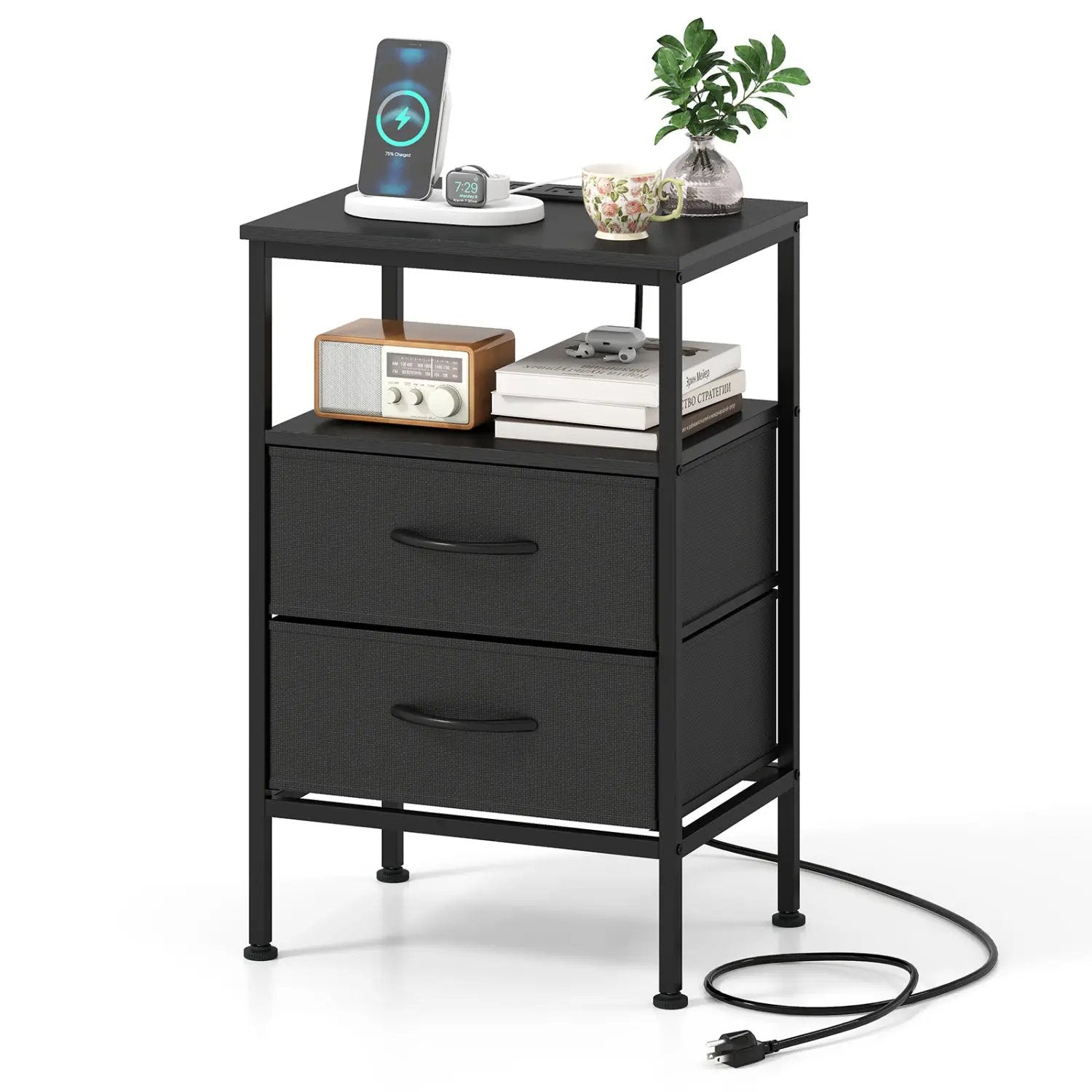 Nightstand with Charging Station 24.5 inch Modern Bedside Table with 2 Fabric Drawers by DirectDeals