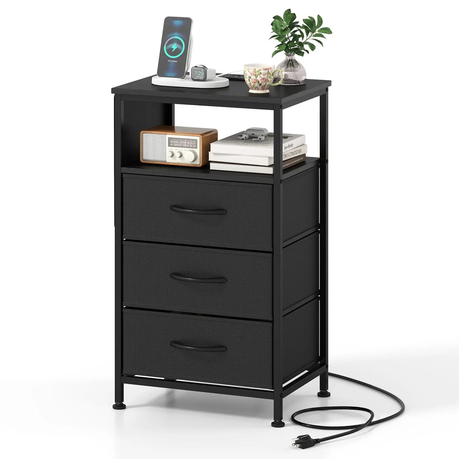 Nightstand with Charging Station 27.5 inch Modern Bedside Table with 3 Fabric Drawers by DirectDeals