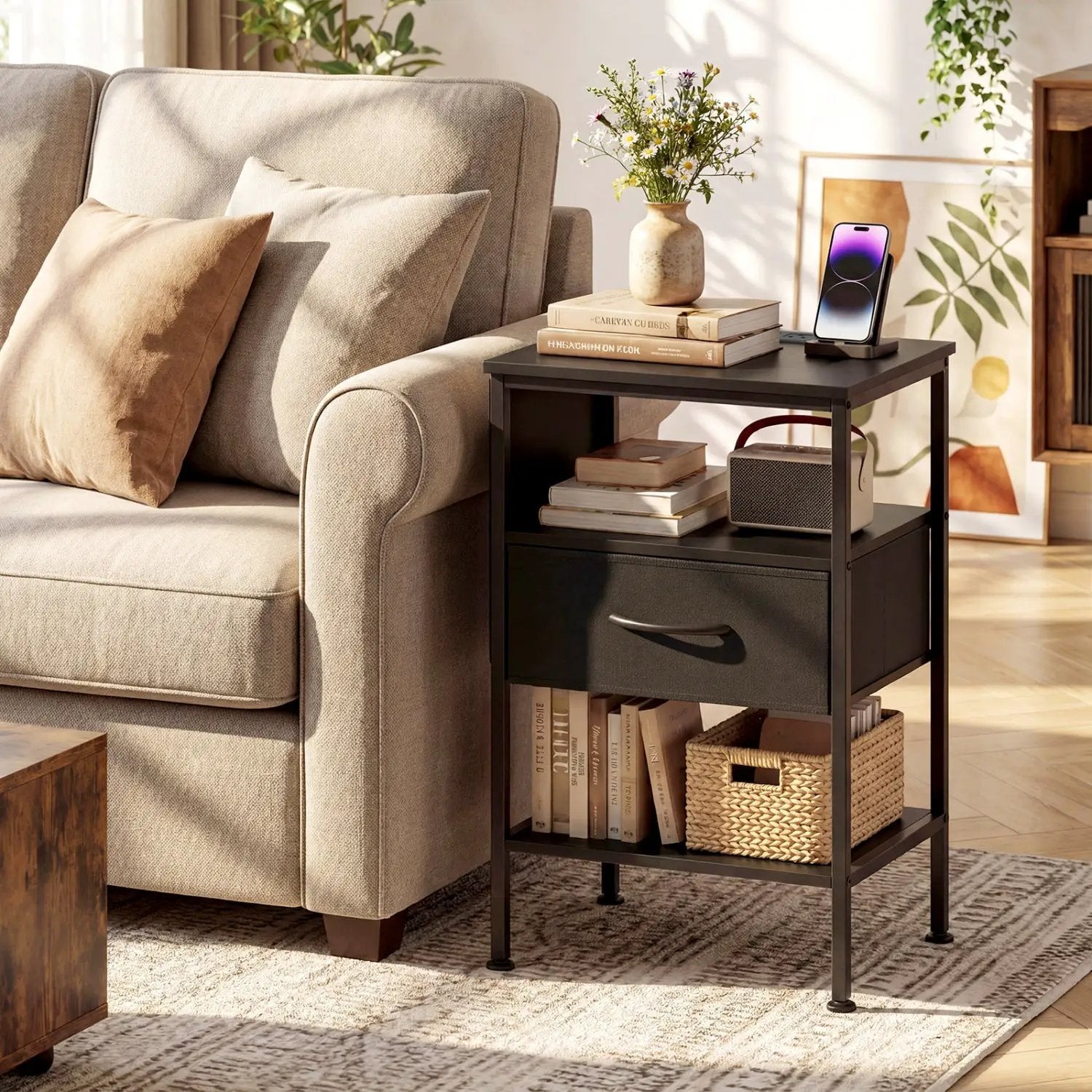 Nightstand with Charging Station and Fabric Drawer 24.5" by DirectDeals