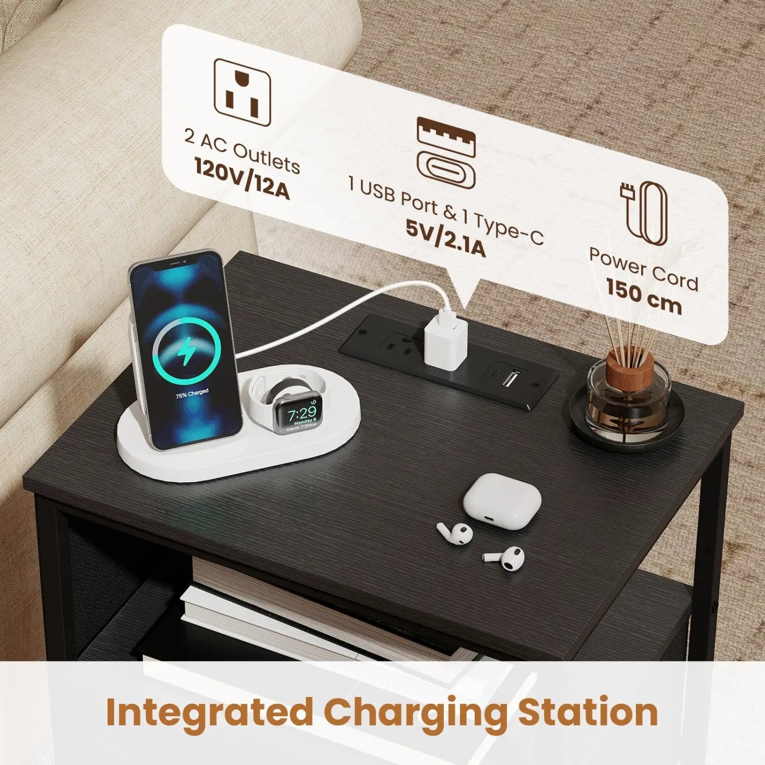 Nightstand with Charging Station and Fabric Drawer 24.5" by DirectDeals