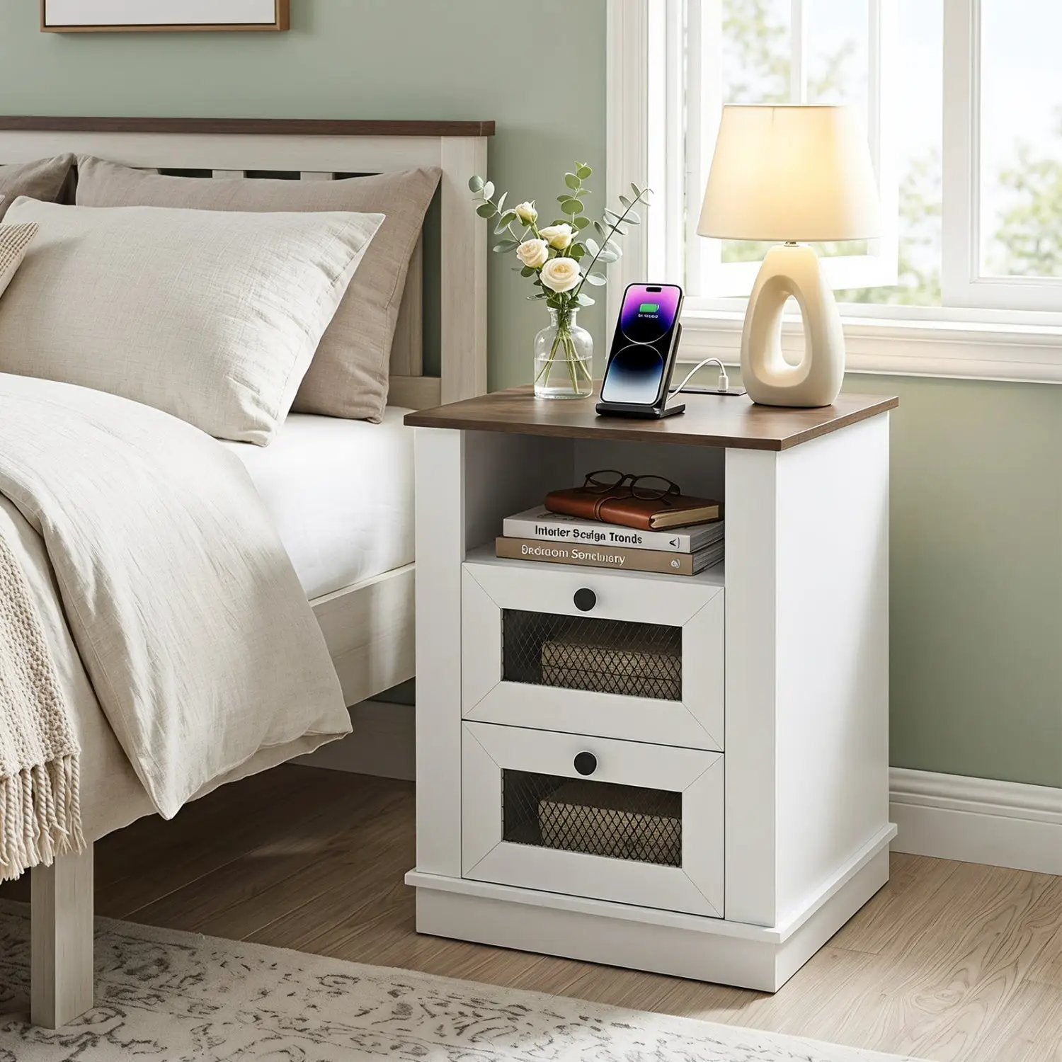 Nightstand with Charging Station and 2 Drawers Rustic Brown by DirectDeals