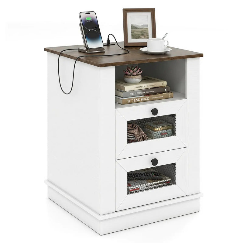 Nightstand with Charging Station and 2 Drawers Rustic Brown by DirectDeals