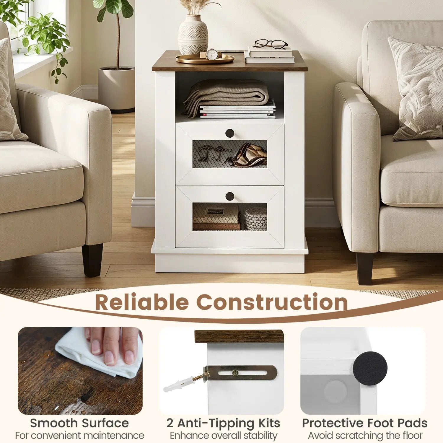 Nightstand with Charging Station and 2 Drawers Rustic Brown by DirectDeals