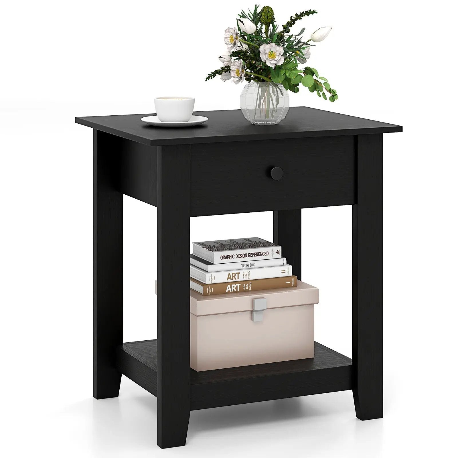 Nightstand with Drawer 3-Tier Modern Bedside Table with Open Shelf and Storage by DirectDeals
