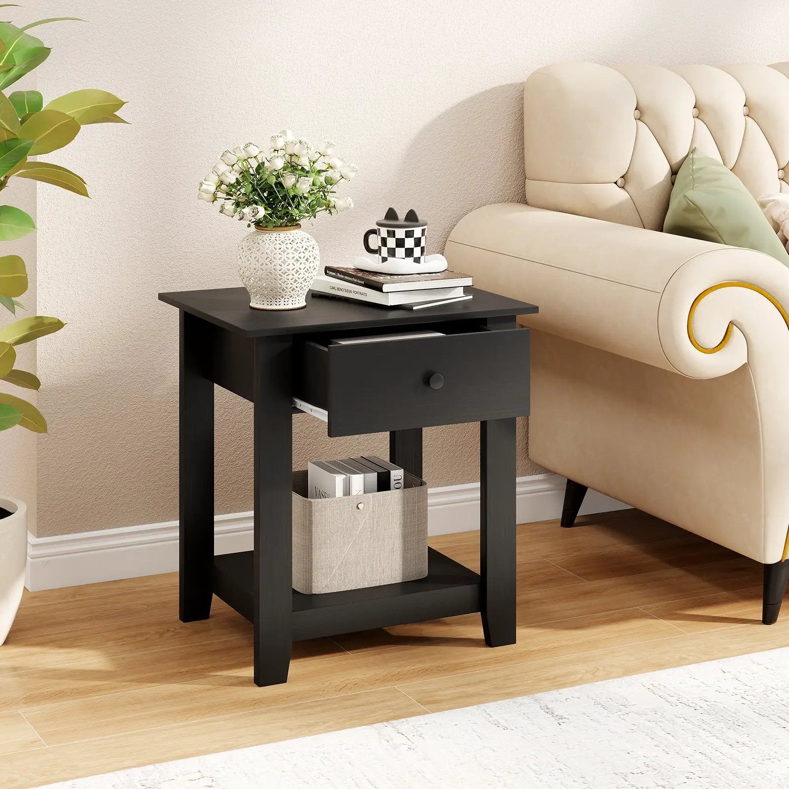 Nightstand with Drawer 3-Tier Modern Bedside Table with Open Shelf and Storage by DirectDeals
