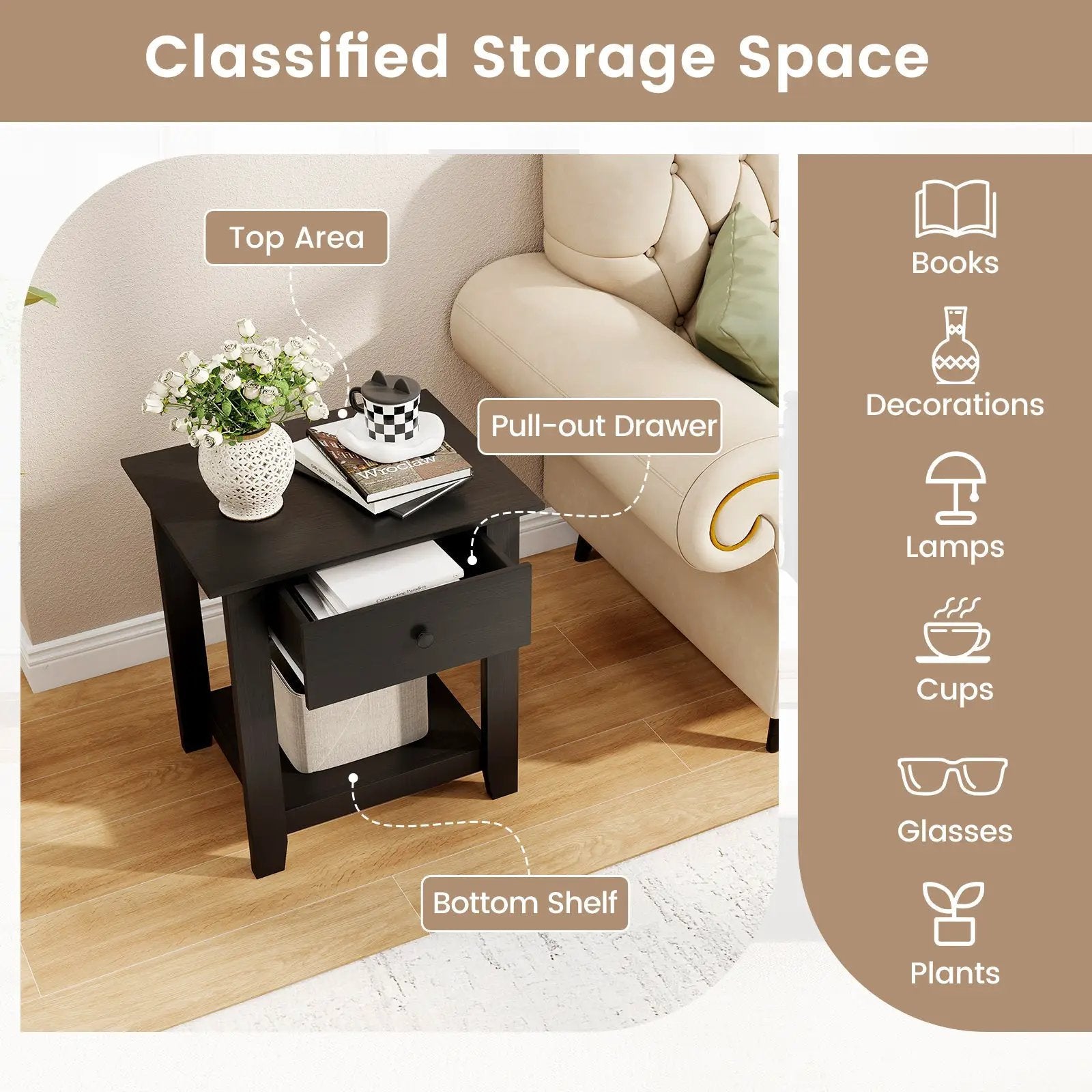 Nightstand with Drawer 3-Tier Modern Bedside Table with Open Shelf and Storage by DirectDeals