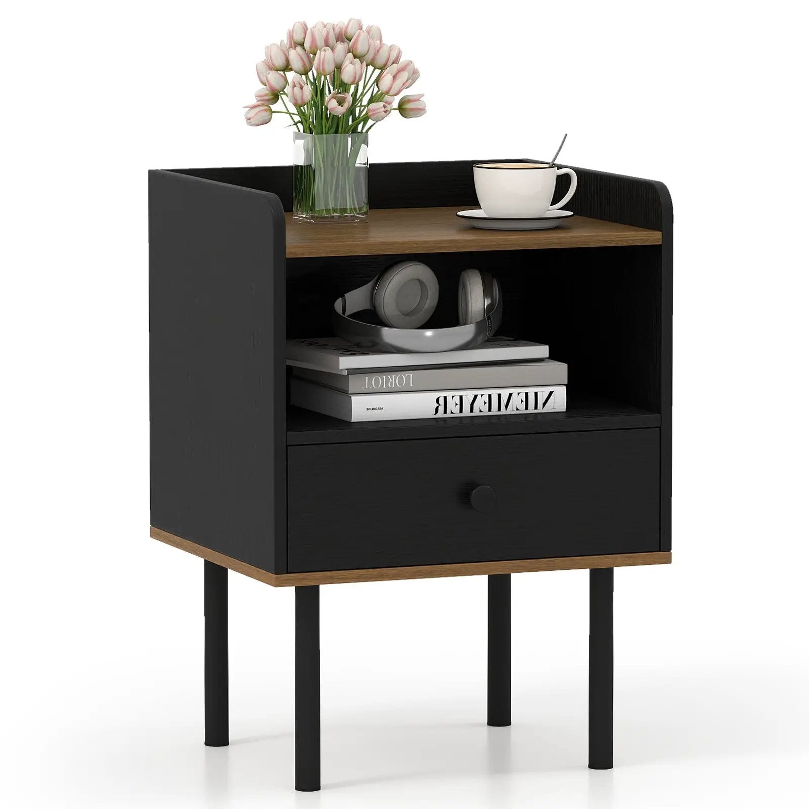 Nightstand with Drawer 3-Tier Sofa Side Table with Open Storage Shelf-Black by DirectDeals