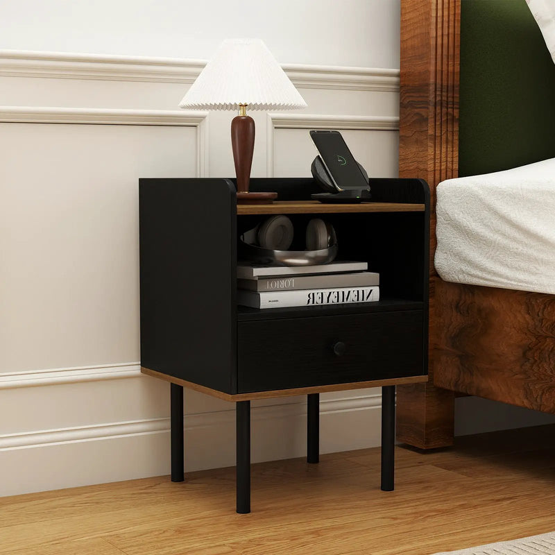 Nightstand with Drawer 3-Tier Sofa Side Table with Open Storage Shelf-Black by DirectDeals