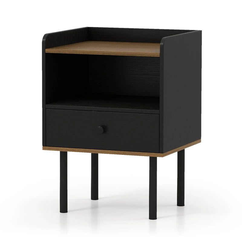 Nightstand with Drawer 3-Tier Sofa Side Table with Open Storage Shelf-Black by DirectDeals